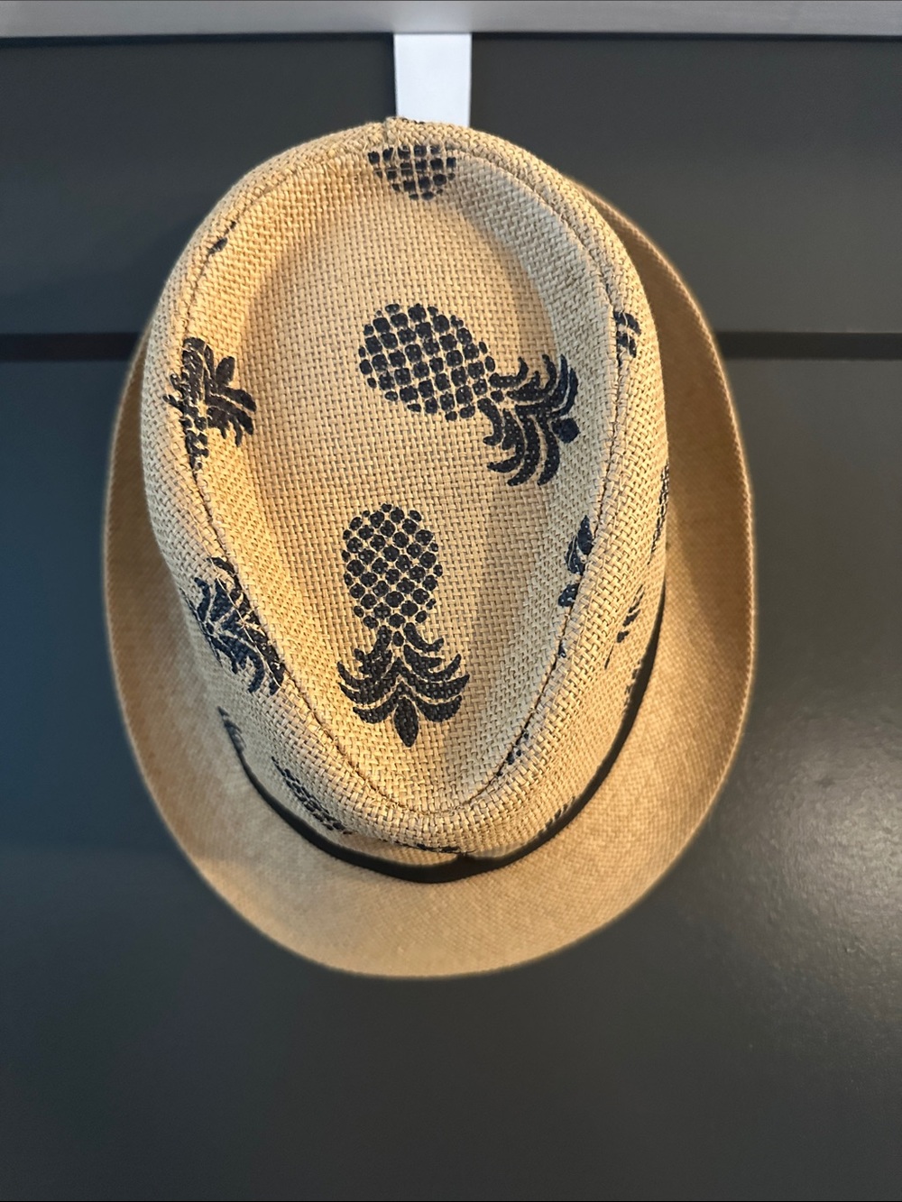 Straw Fedora Hat with Black Pineapple Print